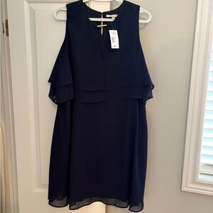 Tash + Sophie- Sleeveless Navy Midi Dress with Layered Flutter Detail -